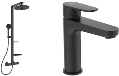 Set aus Ideal Standard BD583XG Alu+ Duschsystem mit Brausethermostat – Frei von Blei, Chrom & Nickel – Spa-Regendusche in Schwarz matt + BD131XG Cerafine O Waschtischarmatur mit Push-Open Ventil