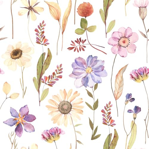 VaryFloral Papier Peint Adhesif Mural Blanc Papier Collant pour Meuble 30.5cmx300cm Tournesol Vinyle Adhesif Motif Fleur Violette Stickers Muraux Frais Imperméable Film Autocollant Meuble Chambre