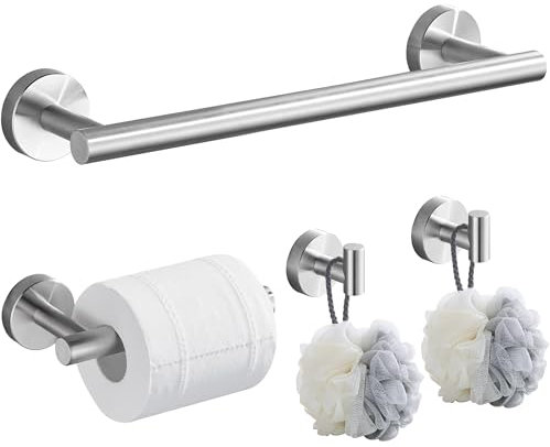 Hoomtaook Porta Asciugamani Bagno 4 Pezzi, Accessori Bagno da Parete, Set di Accessori Acciaio Inossidabile, Portasciugamani da 30cm, Porta Carta Igienica, 2 Ganci per Accappatoio, Nichel Spazzolato