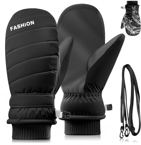 UxClishe Waterproof Ski Mittens, Anti-Slip Winter Thermal Gloves with Anti-Loss Neck Strap, Warm Windproof Snowboard Glove, Plush Lined Snowboard Gloves for Skiing Hiking Cycling-Black