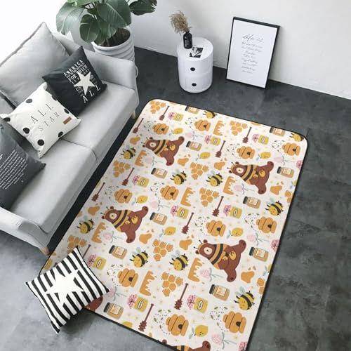 Niedlicher Bienen-Honigglas-Bär-Teppich für Wohnzimmer-Dekoration, rutschfest, waschbar, 203,2 x 147,3 cm, für Innenbereich, Schlafzimmer, Wohnzimmer