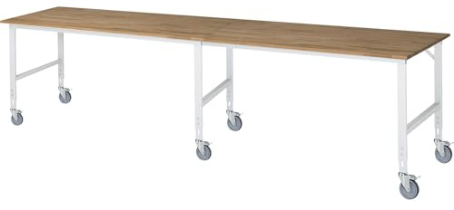 kaiserkraft | Arbeitstisch | fahrbar | Buche-Massivholzplatte | Stärke 25 mm | 60 x 30 mm | BxTxH 4000 x 1000 x 910-1230 mm