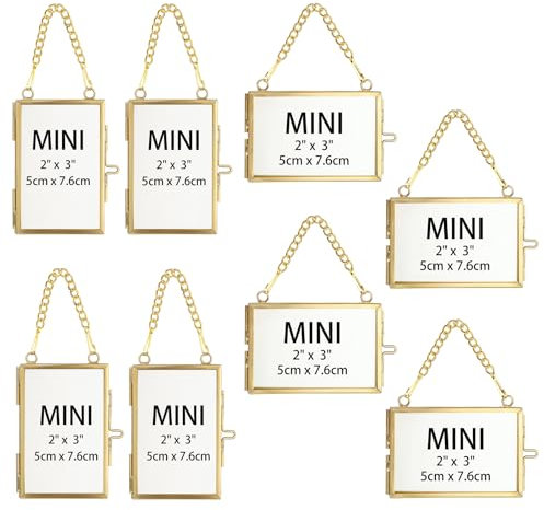 SUMTree Set of 8 Gold Glass Mini Hanging Photo Picture Display Frame, Floating Glass Picture Frame with Chain for Family Tree Mini Photo, Pressed Flower, Collage, 2x3 inch (4 Horizontal 4 Vertical)