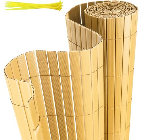Jaxguom PVC Sichtschutzmatte, 180 x 300cm Sichtschutzzaun mit Kabelbindern, Verstärkte W-Struktur Lamellen, Wetterfester Windschutz für Balkon, Garten und Terrasse, Bambus