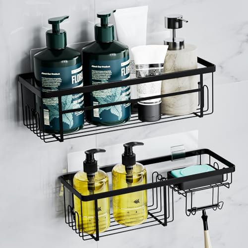Alyvisun 2 Pezzi Mensola Doccia senza Foratura con Adesivo Forte, Portasapone per Doccia Angolare Acciaio Inox con Ganci, Mensole Bagno Organizzatore per Shampoo Bagnoschiuma, 2, Pezzi