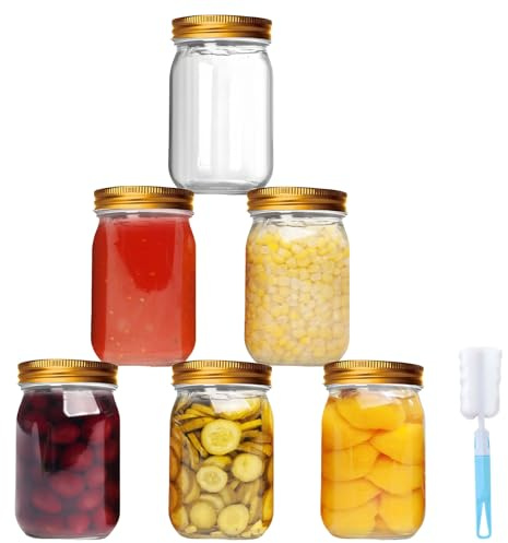Overnight Oats Jar 6Pack Clear Glass Mouth Mason Jars 500Ml Pickling Jars | Airtight Preserving With Gold Metal Lids, for Pickling Overnight Oats Pickle Dry Food Snacks Candies Storage