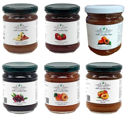 Agricola Dall'Armellina - Confetture assortite prodotte artigianalmente, mix di pere e cannella, fragole, albicocche, albicocche viola, ciliegia, pesche, 6x220g c.a