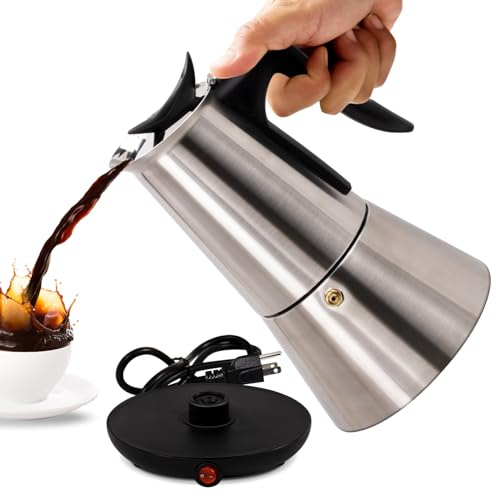 Vaolvpant Electric Stainless Steel Moka Pot 6 Cup 300ml Mocha Pot Espresso Maker with Detachable Base Ideal Coffee Maker for Home Italian and Cuban Café Coffeemaker Espressomaker Coffee Pot