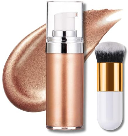 Face & Body Shimmer Oil with Brush,Glow Liquid Highlighter Body Glitter Spray,Waterproof Non-Sticky Lightweight, Face & Body Glow Illuminator,Moisturizing Non-sticky Glow Shimmer Lotion(Rose gold)1