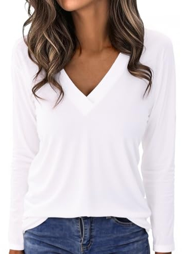 Aottori Camiseta Manga Larga Blanco Mujer Básica Top Cuello en V Elegante Blusa Camisas Suelta Trabajo Informal Pullover tee Shirts para Primavera Otoño Invierno Blanco M