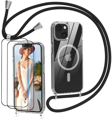 Nupcknn Magnétique Coque avec Cordon pour iPhone 14 avec Magsafe,avec 2 Verre Trempé,Transparent Coque Collier Réglable Téléphone Étui Portable Lanyard Case Protection Complète Cover