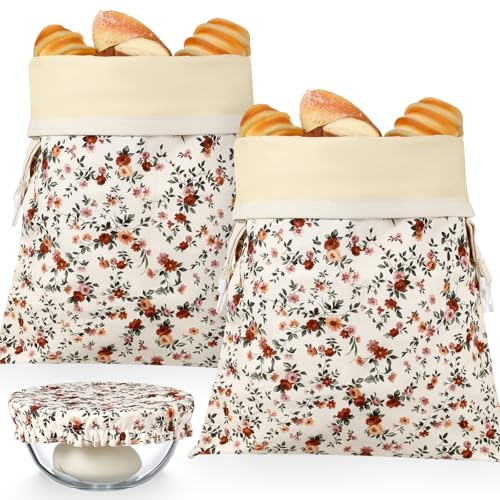 Acellegic Reusable Beeswax Bread Bags for Homemade Bread Sourdough (2 Pcs 13x17in Bags + 10in Bowl Cover) Floral Cotton 100% Natural Beeswax Coating, Plastic-free Food Storage Wrap(Vintage Flower)
