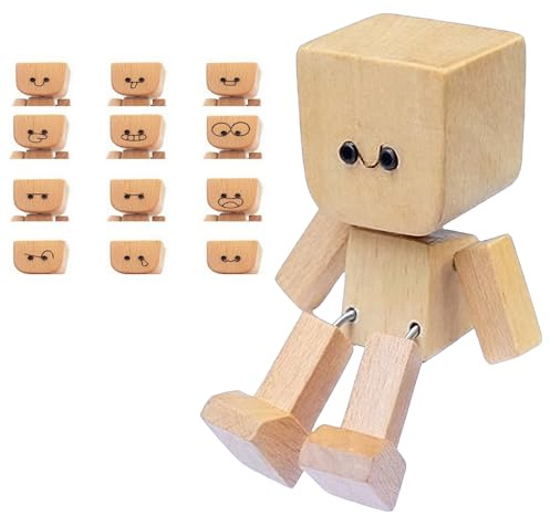 FRGITYGIFT Wackelnder Holzmann mit 12 Ausdrücken, Charmante Kleine Holzfigur, Handgefertigte Wackelnde Holzfiguren, Auto Armaturenbrett Dekoration, Modernes kreatives Desktop Ornament