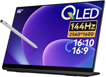 EHOMEWEI Q8g 16 2K 144Hz QLED Portable Touchscreen Monitor - 2560x1600 400 Nits HDR, 100% DCI-P3 Laptop Screen Extender with 4096-Level Stylus, FreeSync Gaming Display for MacBook, PC, PS5, Switch