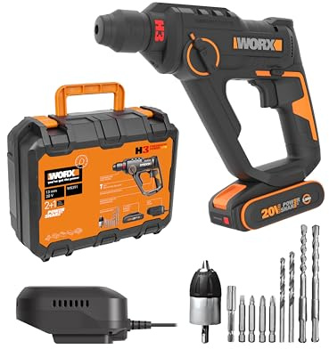 WORX WX391 Martillo perforador inalámbrico 20V, 1,2J, taladrado rápido en hormigón, 3 funciones en 1, 10 brocas para hormigón, madera y metal, batería de 2 Ah y cargador rápido de 2A
