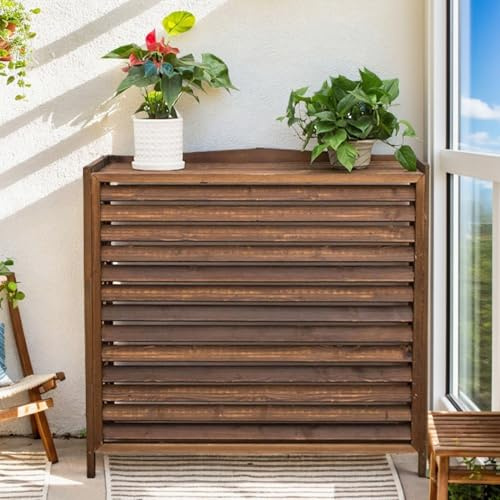 Cache Climatiseur Extérieur En Bois Marron Support De Fleurs Pour Plantes Résistant Aux Intempéries Cache Pompe a Chaleur Extérieur Pour Jardin Housse Couvre Climatiseur Pin Décoration(100x44x93cm)