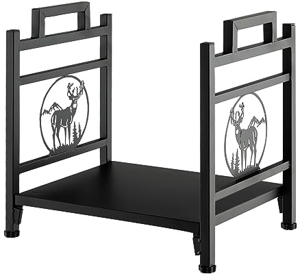 GOPLUS Range Buches Cheminée en Métal, Chauffage avec Base Surélevée et Pieds Réglables, Porte-Bûches Décoratif avec Motifs d’Élan, pour Terrasse, Salon, 46X34X45 CM (Wapiti + montage)