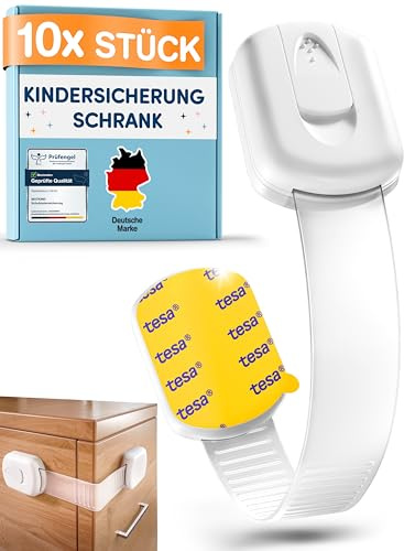 MUTKIND 10 Stück Kindersicherung Schrank - (Mit Kleber von TESA) Schranksicherung Baby - Längenverstellbar - Schubladensicherung Baby für Schränke, Kühlschrank, Tür - Kindersicherung Schubladen Weiß