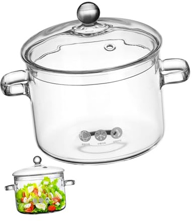 AUTSUPPL Pentole in Pietra Ollare Pentola in Vetro Borosilicato da 1900ml, Resistente al Calore, Trasparente, Coperchio, per Zuppa e Latte in Casa o Ristorante