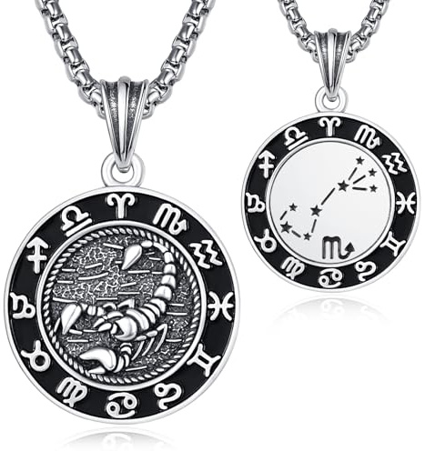 KINGWHYTE 12 Sternzeichen Anhänger Kette für Herren 925 Sterling Silber Konstellation Kette 22mm Astrologie Horoskop Anhänger Runde Tierkreiszeichen Halskette Sternbilder Schmuck Geschenke für Männer
