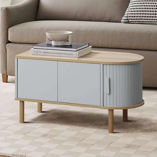 Hometopia Moderner Couchtisch mit Stauraum, 2 Türen und Rollladen, skandinavischer Holz-Sofatisch für Wohnzimmer und Büro, Couchtisch in Weiß, 80 × 45 × 40 cm