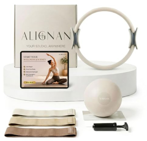 ALIGNAN Pilates-Set für Heimtraining mit 35,6 cm Pilates-Ring, Pilates-Ring, 20,3 cm Mini-Ball mit und 3 Booty-Bändern, Pilates-Essentials-Set für Frauen mit geführtem Workout-Video