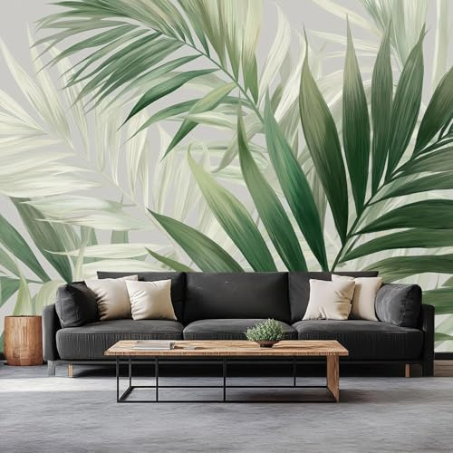 Fotomurales Tejido No Tejido 350 x 256 cm - Papel Pintado Fotográfico Dibujado A Mano Acuarela Tropical Hojas De Palma Murales Gris Claro Póster Niños Juvenil Salón Dormitorio Decoración Del Hogar