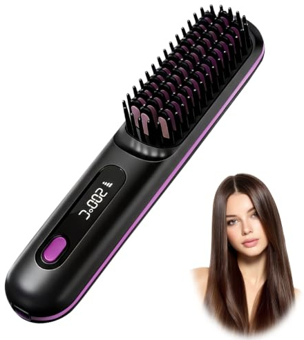Brosse Chauffante Lissante Sans Fil Portable Mini Lisseur Cheveux Court | Barbe avec 3 Températures affichage LCD Peigne Lissant Céramique Anti-Brûlure ion négatif pour Voyage Retouches Femmes Hommes