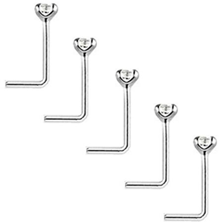Clear Crystal Nose Studs PACK OF 5 STERLING SILVER Thin 0.6mm Bar L SHAPE