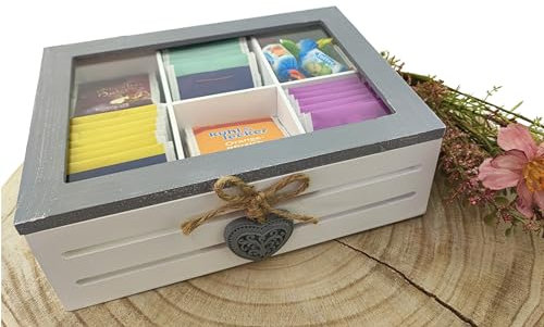 MC-Trend Scatola da tè vintage, 6 scomparti in legno/vetro in un bellissimo design vintage, 21 x 16 x 7 cm