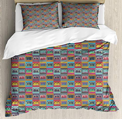 Ambesonne Retro Duvet Cover Set, Hippie Design of Audio Cassettes in Squares Dance to The Nostalgic Music 70's 60's, Decorative 3 Piece Bedding Set with 2 Pillow Shams, Queen Size, Multicolor