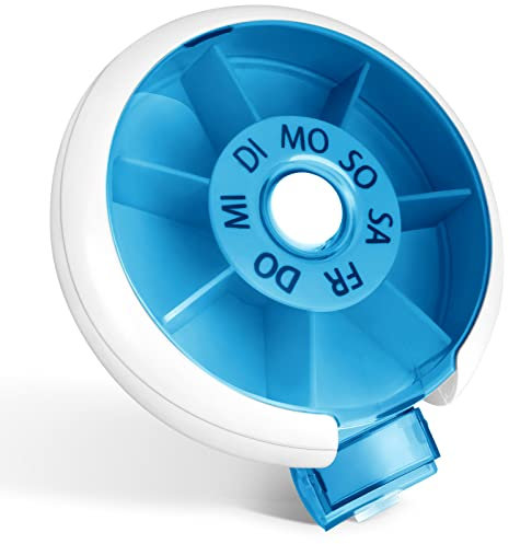 Opret Tablettenbox 7 Tage klein Pillendose Klein Medikamentenbox 7 Tage Tabletten Wochenbox Pillenbox Tablettendose für Unterwegs Rund Blau