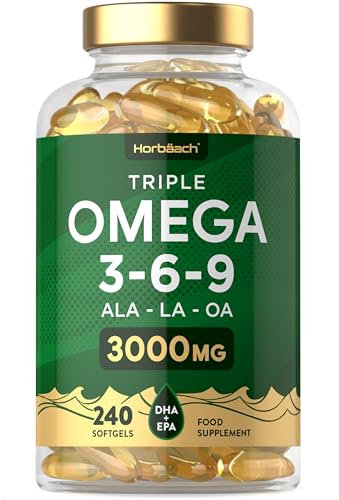 Triple Omega 3 6 9 Capsules 3000mg ALA, LA & OA | 240 Softgels | High Strength EPA & DHA Essential Fatty Acids | Supplement with Fish Oil, Flaxseed & Sunflower Oil | by Horbaach