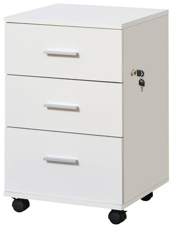 Vinsetto Cajonera de Escritorio con 3 Cajones Ruedas 40x40x61,5 cm Blanco | Cajonera de Oficina, Cerradura, 2 Llaves, Archivador Móvil, para Estudio, Salón