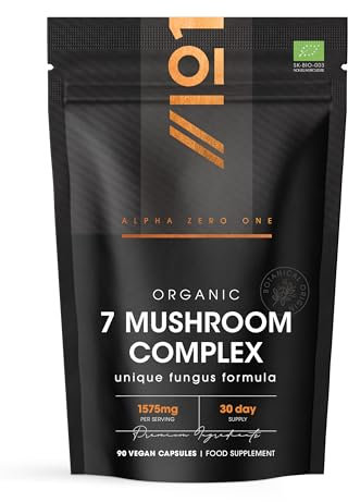 Organic Mushroom Complex 1575mg - 90 Capsules - Reishi, Cordyceps, Lion's Mane, White Fungus, Maitake, Shitake & Chaga (1 Month Supply) by Alpha01