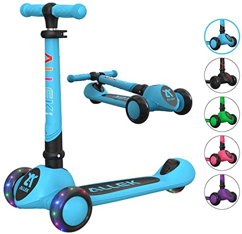 Allek Kick Scooter Foldable F02, 3-Wheel LED Flashing Glider and 4 Adjustable Height with Anti-Slip Thick Deck Push Scooter for Children 3-12yrs (Aqua Blue)
