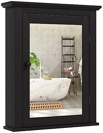 COSTWAY Armoire de Toilettes Mural avec Miroir et 2 Etagères à l'Intérieur Fait en Bois MDF Meuble à Miroir de Salle de Bain Tablette Ajustable en 5 Positions 56X14X69,5cm (Noir)