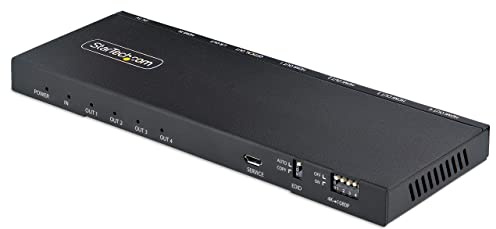 StarTech.com 4-Port HDMI Splitter, 4K 60Hz HDMI 2.0 Video, 4K HDMI Splitter w/Built-in Scaler, 1 In 4 Out HDMI Splitter, 3.5mm/Optical Audio Port, HDMI Display/Output Splitter (HDMI-SPLITTER-44K60S)