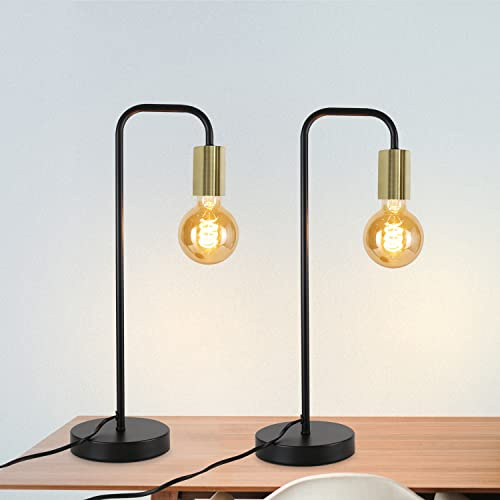 CBJKTX 2er Tischlampe Vintage Tischleuchte E27 Retro Nachttischlampe in | Schwarz Gold Industrial Schlafzimmer Nachtlicht aus Metall Schreibtischlampe mit Kabel für Wohnzimmer