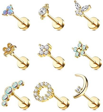 Morfetto 16G Knorpel Ohrstecker für Frauen 316L Edelstahl Schraube Flache Rückseite Ohrringe Schmetterling Mond Blume Opal Knorpel Tragus Daith Helix Piercing Ohrringe