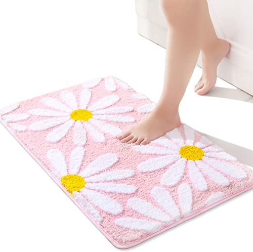 QJHOMO Tapis de salle bain rose mignon marguerites antidérapant lavable fleur blanche et jaune doux absorbant 40 x 60 cm