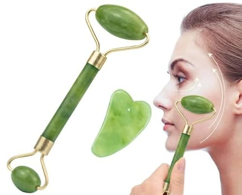 Rodillo Masajeador Facial De Jade Doble De Dos Tamaños Con Piedra Gua Sha Natural Para La Cara Y El Contorno De Los Ojos