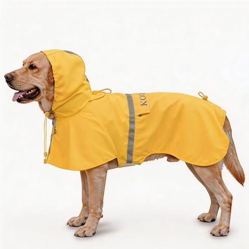 KOOGAL Große Hunde Regenjacken Mit Kapuze,Hunde Regenmantel,Mit Reflektierenden Sicherheitsstreifen, Wasserdichter Hundemackintosh, Geeignet Für Mittlere Und Große (Gelb, 4XL)