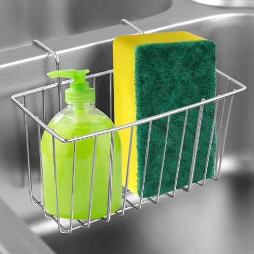 ADERTOS Spülbecken Organizer Edelstahl Spülbecken Caddy Organizer Waschbecken Organizer Silber Schwammhalter Organizer Korb Küchen Caddy Halter Bodenloch für Küche Schwamm, Bürste