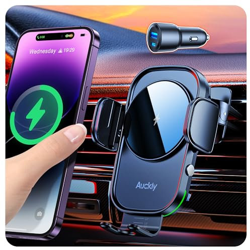 Auckly Qi 15W Car Phone Holder Wireless Charger,【+60W Cigarette Lighter】,Wireless Car Charger Air Vent Mount Compatible for S8~S25,for iPhone 12 13 14 15 16 17 Pro Max Plus Mini 11 Pro XS XR