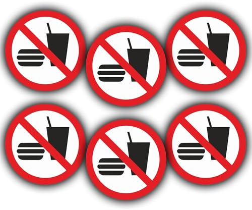 6 Stück – No Food or Drink – No eating or drinking – No eating or drink – wasserfester, selbstklebender Vinyl-Aufkleber, Hinweisschilder, rund, 85 mm