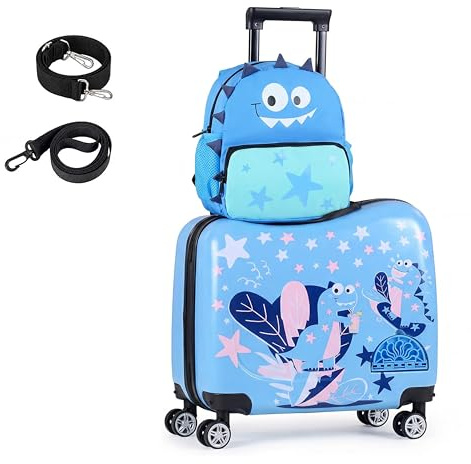SOARS Juego de Maleta Correpasillos, 40L Trolley con Ruedas Correpasillo, 18 Maleta Niños con Ruedas + 12 Mochila Infantil con Asa y Correas Ajustables, Equipaje para Niños Niñas(Dinosaurio Azul)