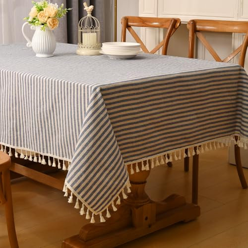 Alishomtll Leinen Gestreifte Quaste Tischdecke Rechteck Abwischbar Fleckschutz Tischtuch Leinenoptik Waschen Tischdecken, Restaurant Party Garten Dekor Tischwäsche, Blau und Weiß 100x140cm