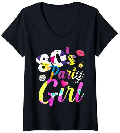 Damen 80er Jahre Party Girl Karneval Retro Kostüm Outfit 80's T-Shirt mit V-Ausschnitt