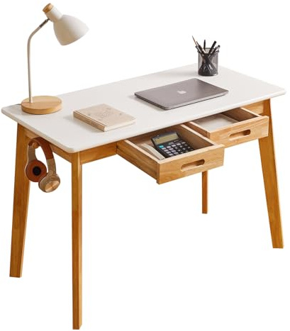 Aibiju Small Computer Table, Wood Writing Desk with Drawer and Hanging Rod, 39x20x30inch Study Desk, Work Desk, Wooden Dining Table White + Natural Wood Legs YD-WD01WN